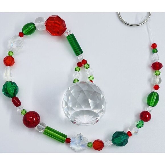 Beaded Christmas Suncatcher Red Green Clear Crystal Prism Hanging Patio Decor - Picture 10 of 10